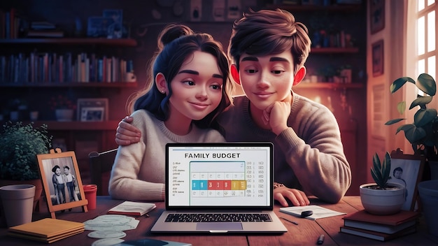 A conceptual image displaying a family looking at a computer screen, showing graphs representing investment growth, highlighting the financial planning aspect of saving for college.