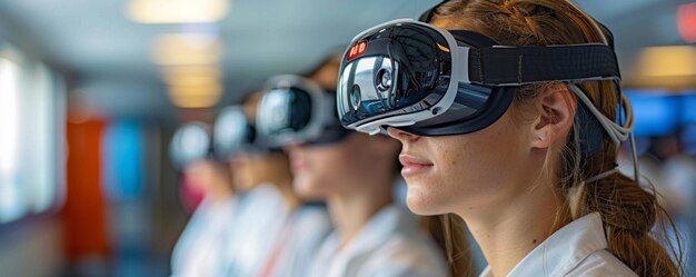A student using a VR headset in a university lab, surrounded by various technological equipment. The setting is a cutting-edge research environment.