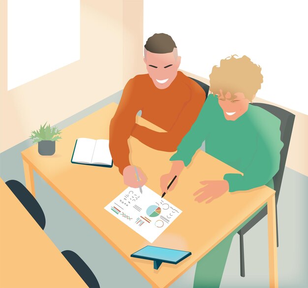 An office worker sitting at the desk and talking to a student (probably college applicant) while showing the financial documents.