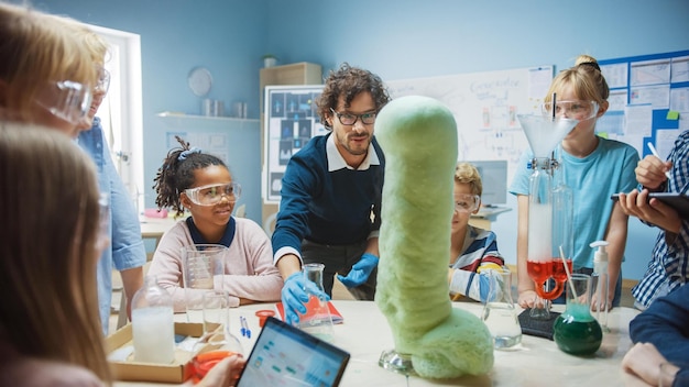 A diverse group of students working collaboratively on a science project in a lab, surrounded by equipment and experiments, showcasing teamwork in STEM education.