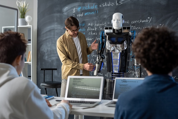A professor lecturing on ethical AI development and the importance of fair algorithms.