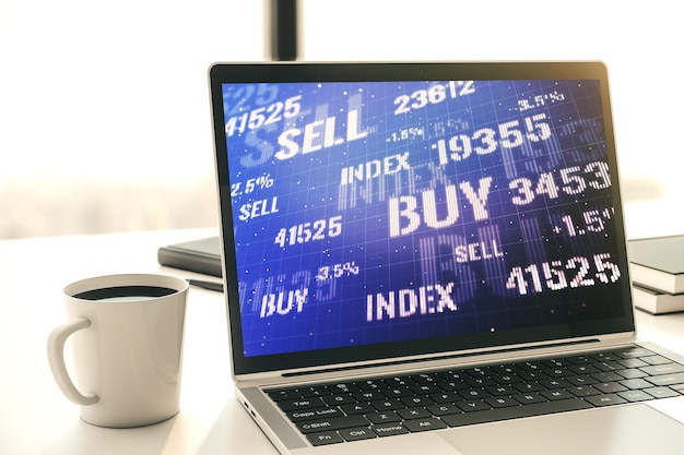A close-up shot of a laptop screen displaying a brokerage account interface with various investment options and real-time stock prices.