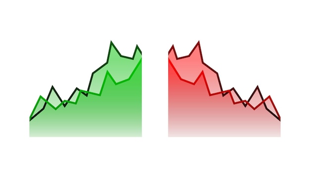 Two line graphs, one representing high-risk, high-reward investments with sharp peaks and valleys, and the other representing low-risk, low-reward investments with mild undulations.