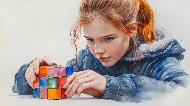 A young girl is intently focused on building a structure with colorful building blocks in a school setting. A teacher is observing her, providing guidance and encouragement. Educational posters related to STEM concepts decorate the walls in the background.