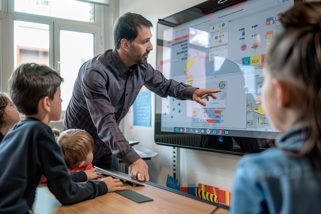 A teacher using an interactive whiteboard to teach a lesson on coding to a group of elementary school students. The students are engaged and excited, raising their hands to answer questions. The classroom is colorful and stimulating, with posters and learning materials on the walls.