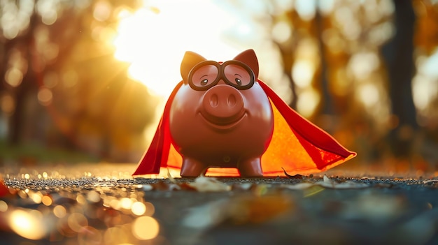 A piggy bank wearing a superhero cape, standing on a stack of coins, symbolizing financial protection and emergency savings. The background is bright and cheerful, suggesting preparedness and security.
