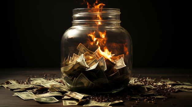 A person putting coins into a clear jar labeled 
