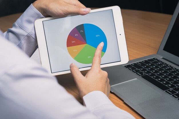 A hand making adjustments to a pie chart on a tablet, representing the reallocation of funds from one spending category to another. The workspace is clean and modern.