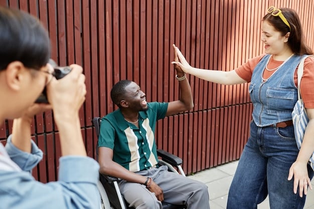 A diverse group of people participating in a public event, with noticeable accommodations for individuals with disabilities, such as wheelchair access and sign language interpreters.