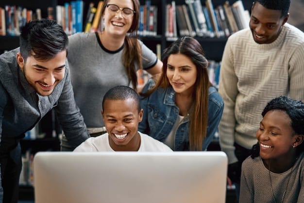 An image showing a diverse group of students happily filling out financial aid applications on laptops in a well-lit library or student center. The atmosphere is encouraging and supportive.