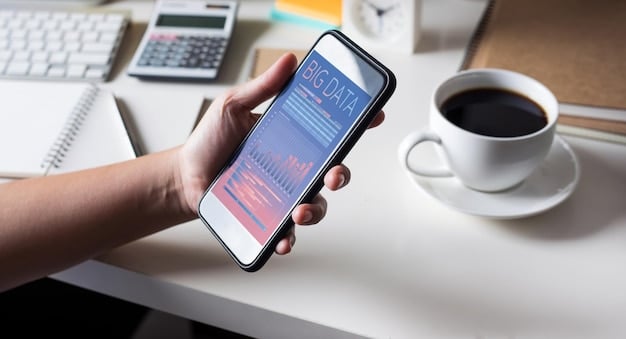 A close-up of hands using a smartphone app to manage investments. The interface shows real-time stock prices, portfolio allocation, and easy-to-use buy/sell buttons. The background features a blurred office environment, suggesting the convenience of managing investments from anywhere.