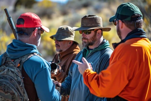 Rangers speaking with a group of tourists. The view is from the knees up. The rangers are wearing hats.