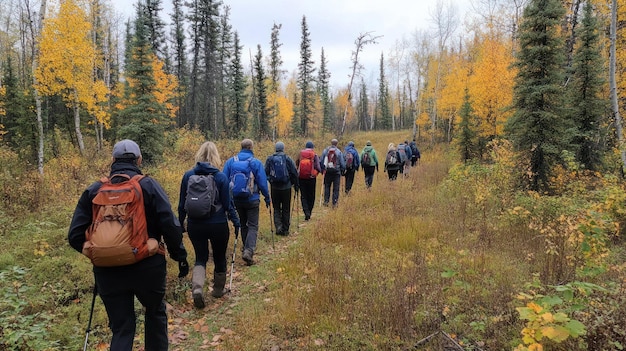 A group of hikers wearing backpacks walking on designated trail in Yellowstone National Park, with clear signposts indicating the trail name and distance, surrounded by geysers and colorful hot springs.