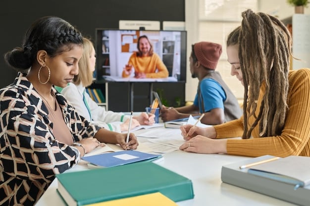 A student attending a virtual college fair, taking notes while listening to a presentation about the college's programs and campus life. The student is engaged and actively participating in the online event.