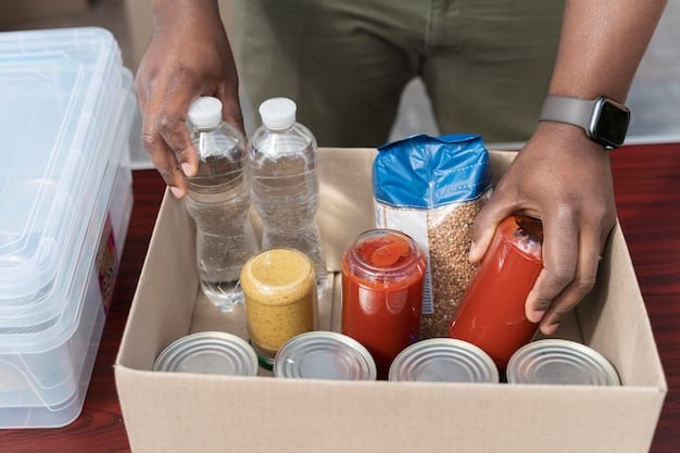 A neatly organized emergency supply kit containing items such as bottled water, non-perishable food, a first-aid kit, a flashlight, a portable radio, extra batteries, a multi-tool, and essential documents.