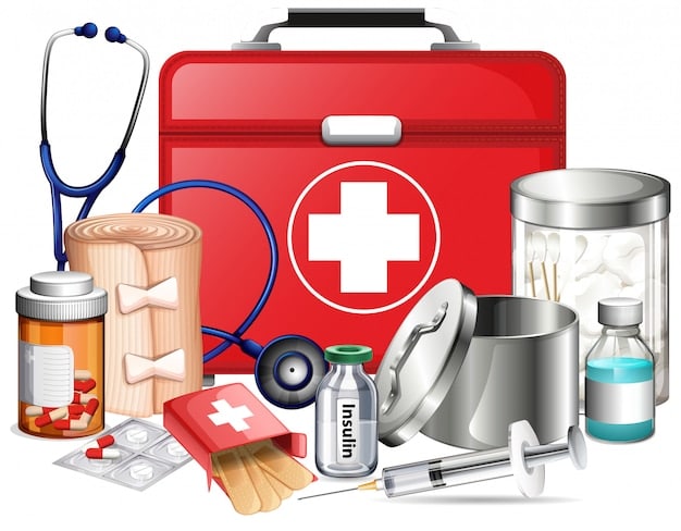 A well-stocked emergency supply kit featuring water bottles, non-perishable food items, a first aid kit, a flashlight, a radio, and extra batteries, neatly arranged inside a durable plastic container, sitting on a shelf inside a home.
