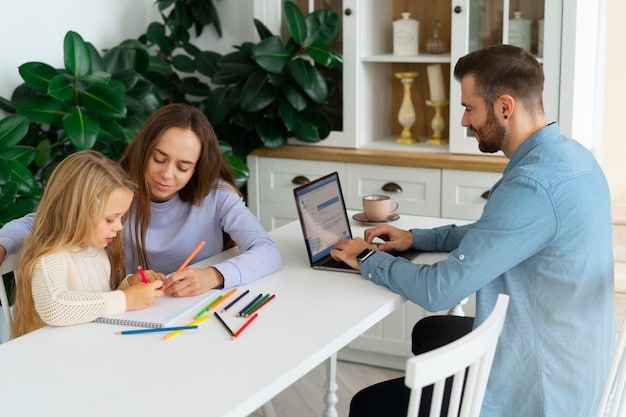 A family sitting together at a table, reviewing an emergency plan on a printed document; one family member is pointing at a map, while the others are listening attentively, set in a brightly lit kitchen with emergency supplies visible in the background.